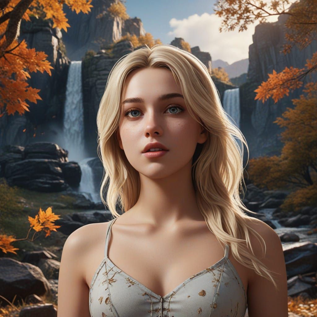 Ethereal Blonde Maiden Amidst Autumnal Mountainscape with Wa...