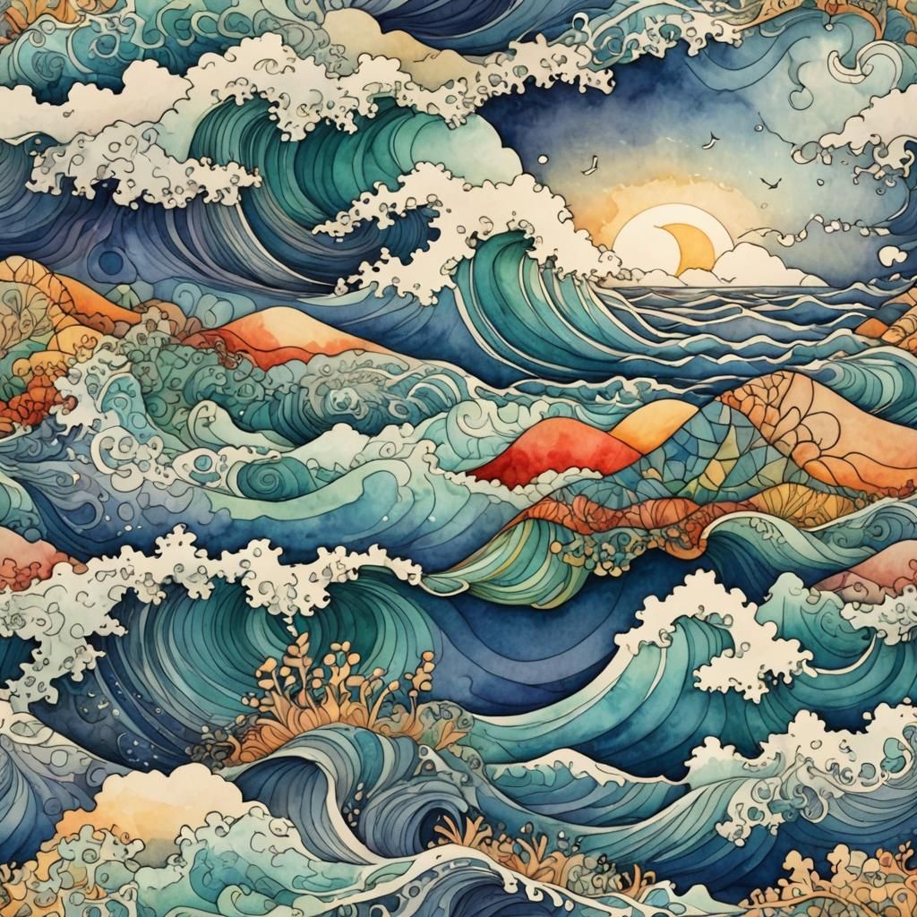 Abstract Seaside at Dusk in Watercolor