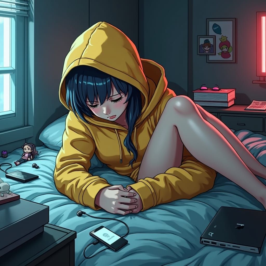 Sad Anime Woman in Yellow Hoodie Crying
