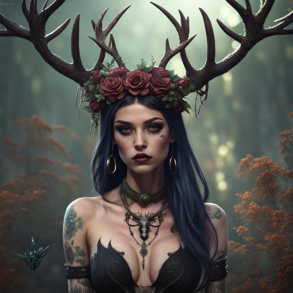 Tattooed Goth Girl with Antlers and Wings