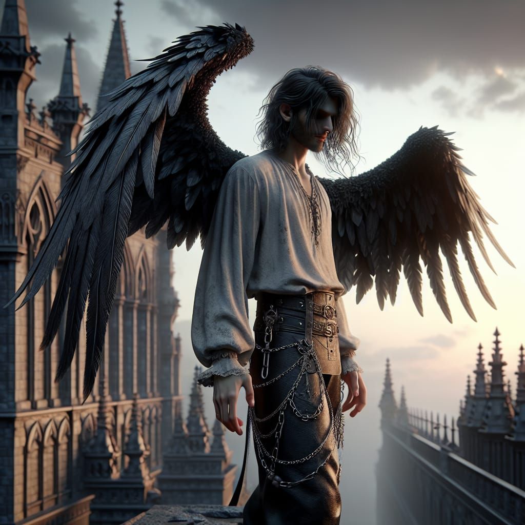 Hispanic Angel on Rooftop in Dark Fantasy Style