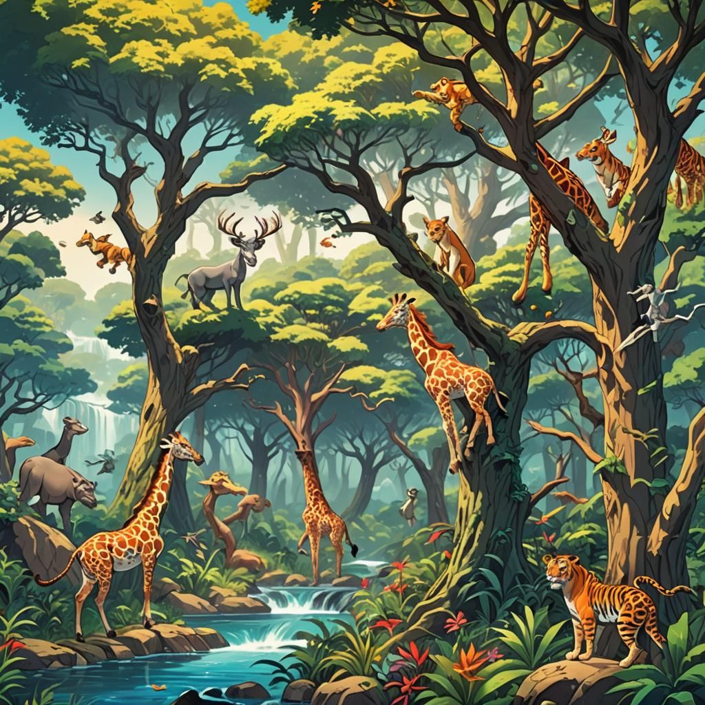Colorful Forest with Wild Animals in Anime Style