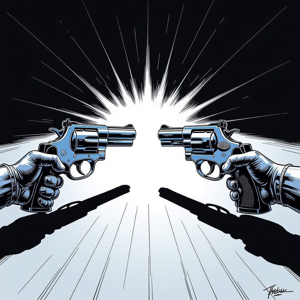 Gleaming Chrome Handguns in Dramatic Ink Drawing Style