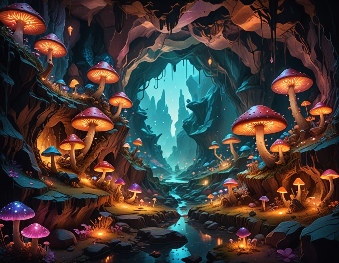 Miniature Worlds in Underground Cavern: Fantasy Art