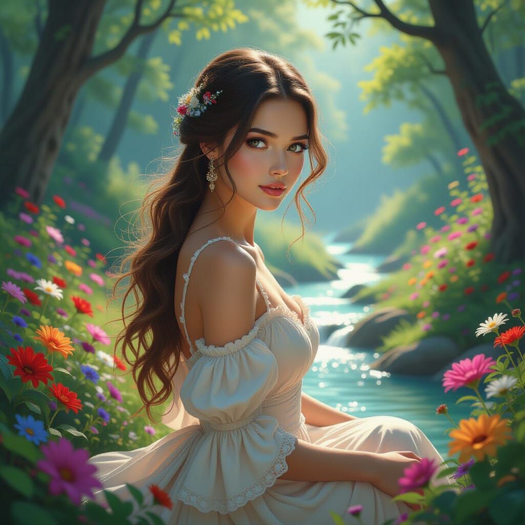 A serene young woman with flowing hair gazes softly amidst a...