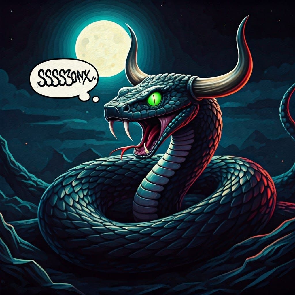 Vibrant Street Art Snake Hissing at the Moon