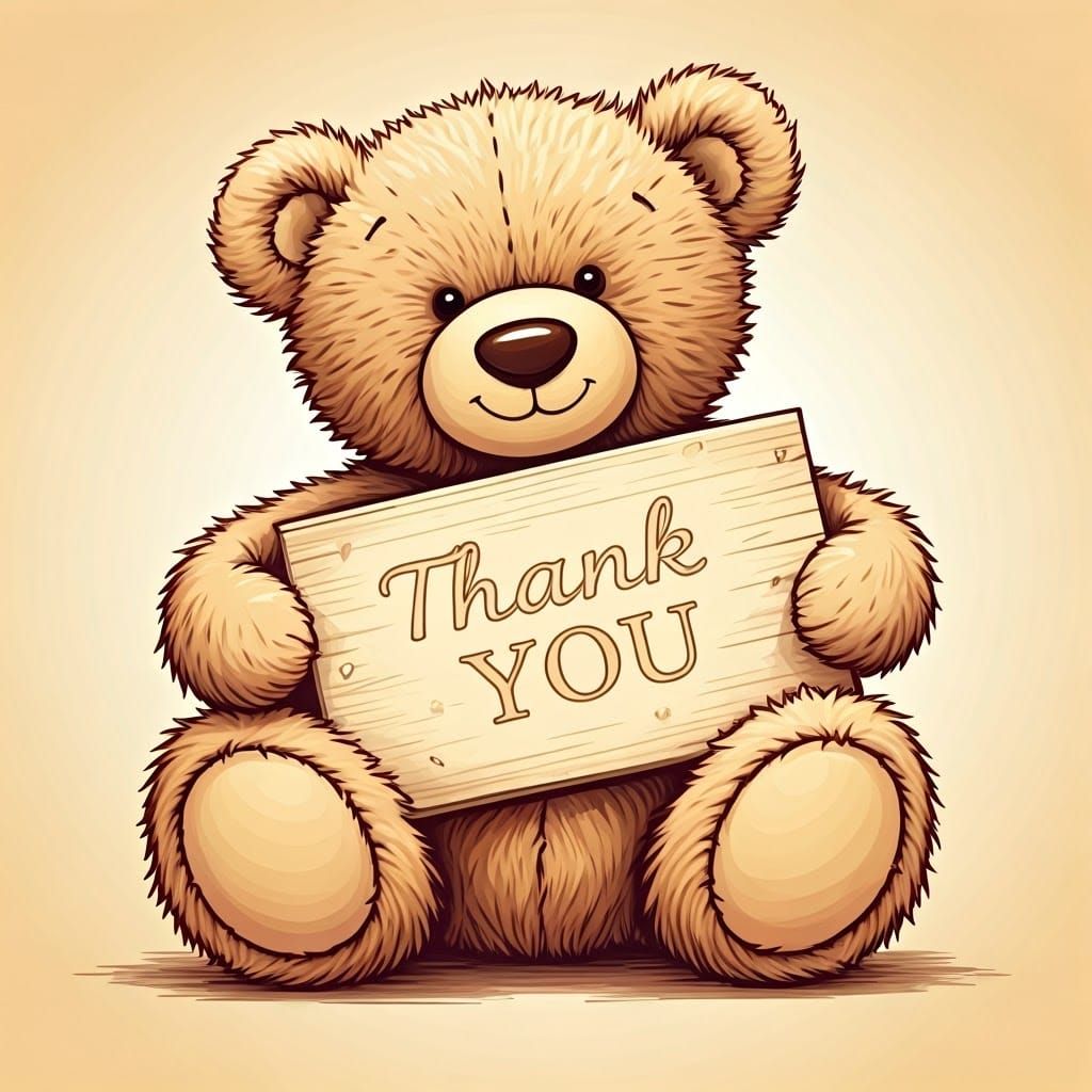 Cuddly Teddy Bear Holds Thank You Sign in Whimsical Hand-Dra...