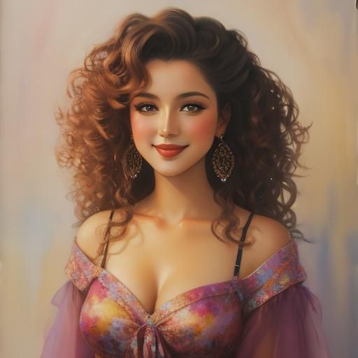 Woman with Hypercurly Hair in Watercolor Style