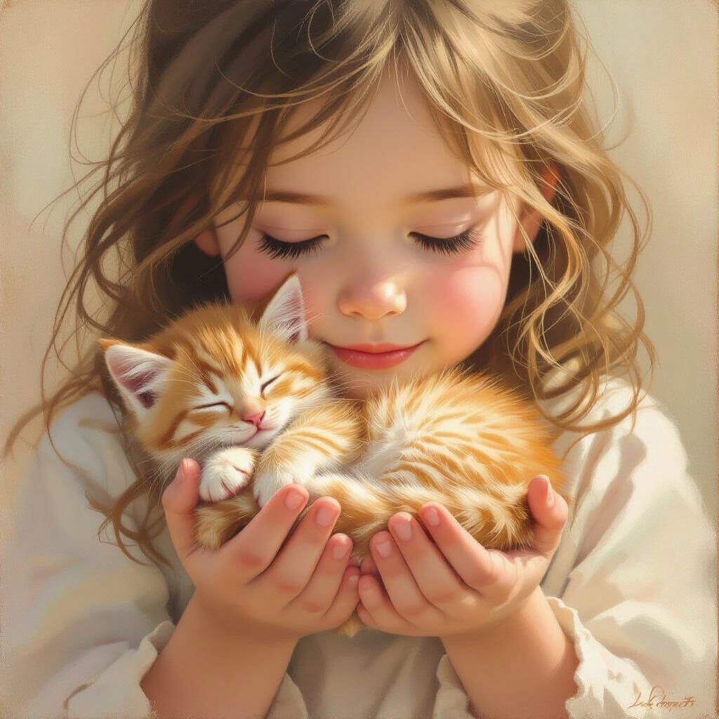 Girl Holds Sleeping Ginger Kitten in Painterly Style