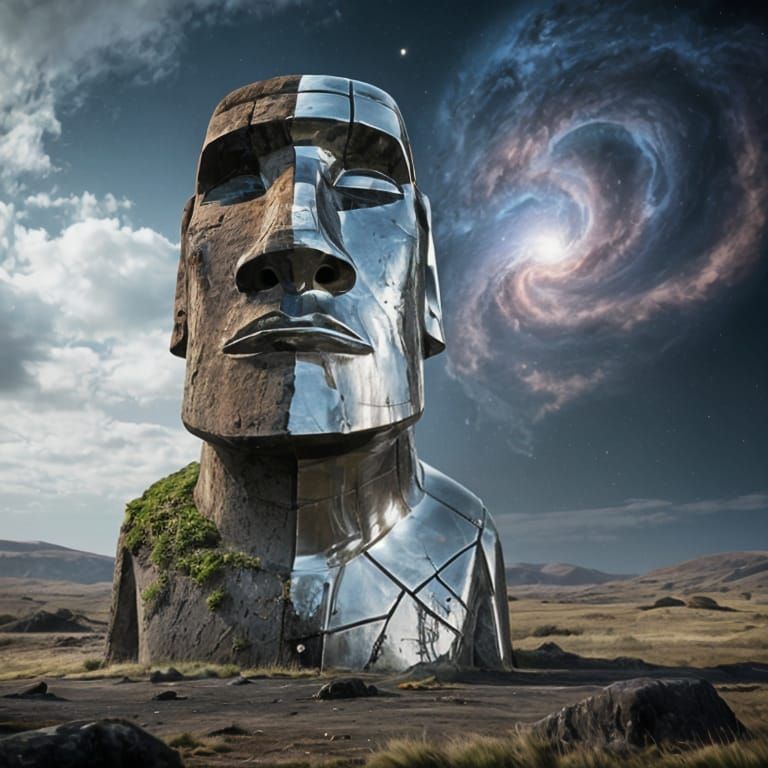 Chrome Moai Statue in Post-Apocalyptic Landscape