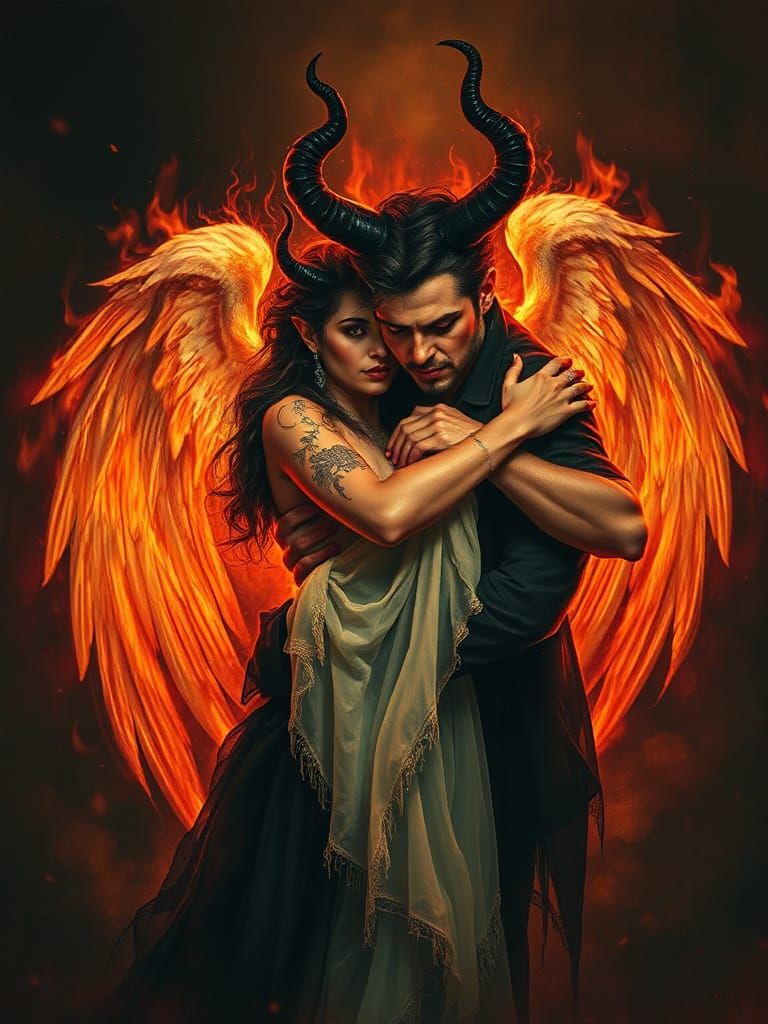 Demonic Woman Embracing Angel in Encaustic Style