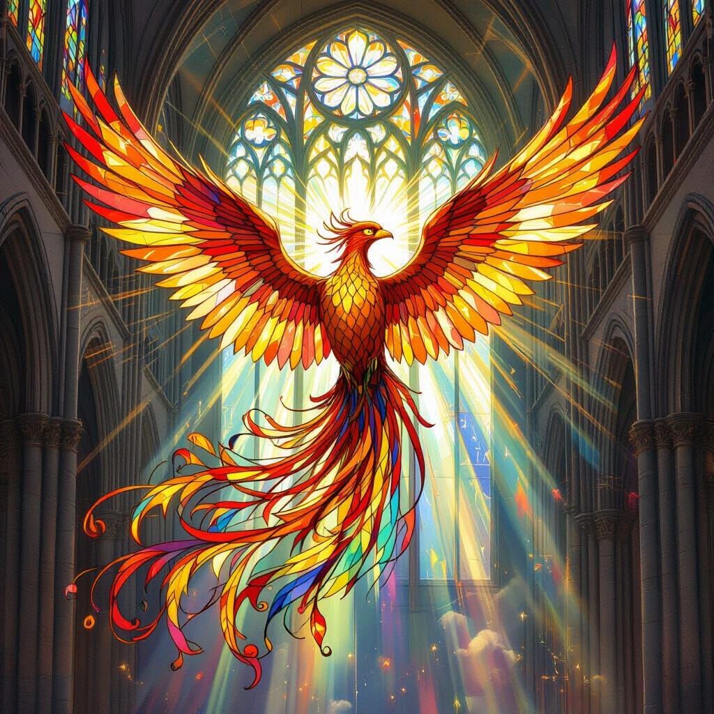Stained Glass Phoenix Soaring in Cathedral of Light