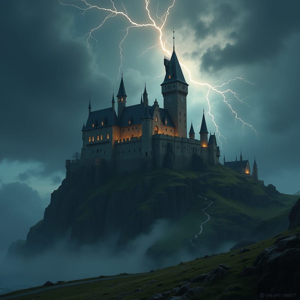 Castle Illuminated by Lightning in Stormy Landscape