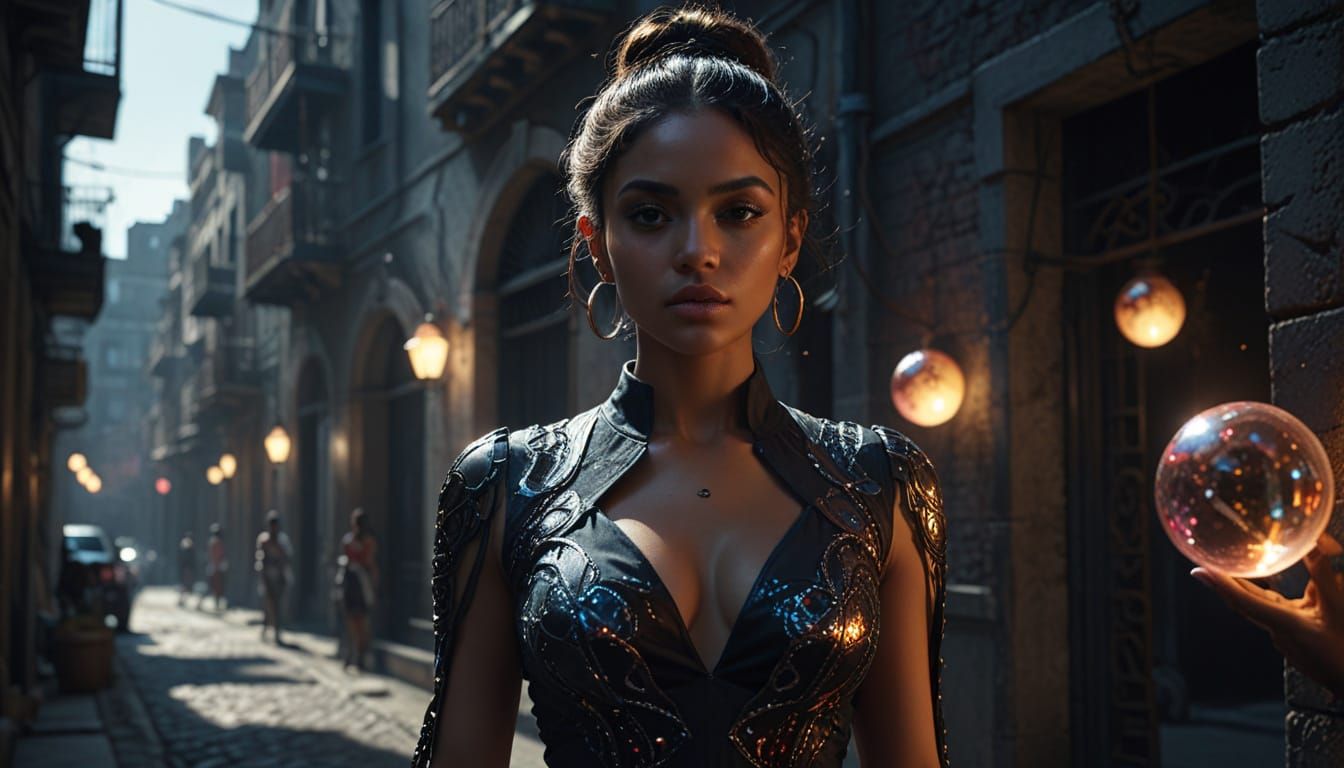 Dominican Woman in Urban Setting with Magic Orbs
