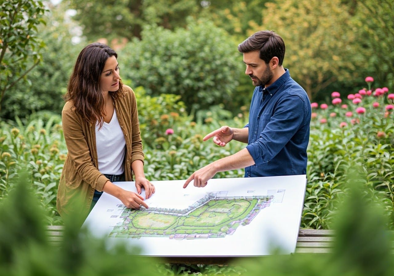 Landscape Designers Discussing Plans in Lush Park