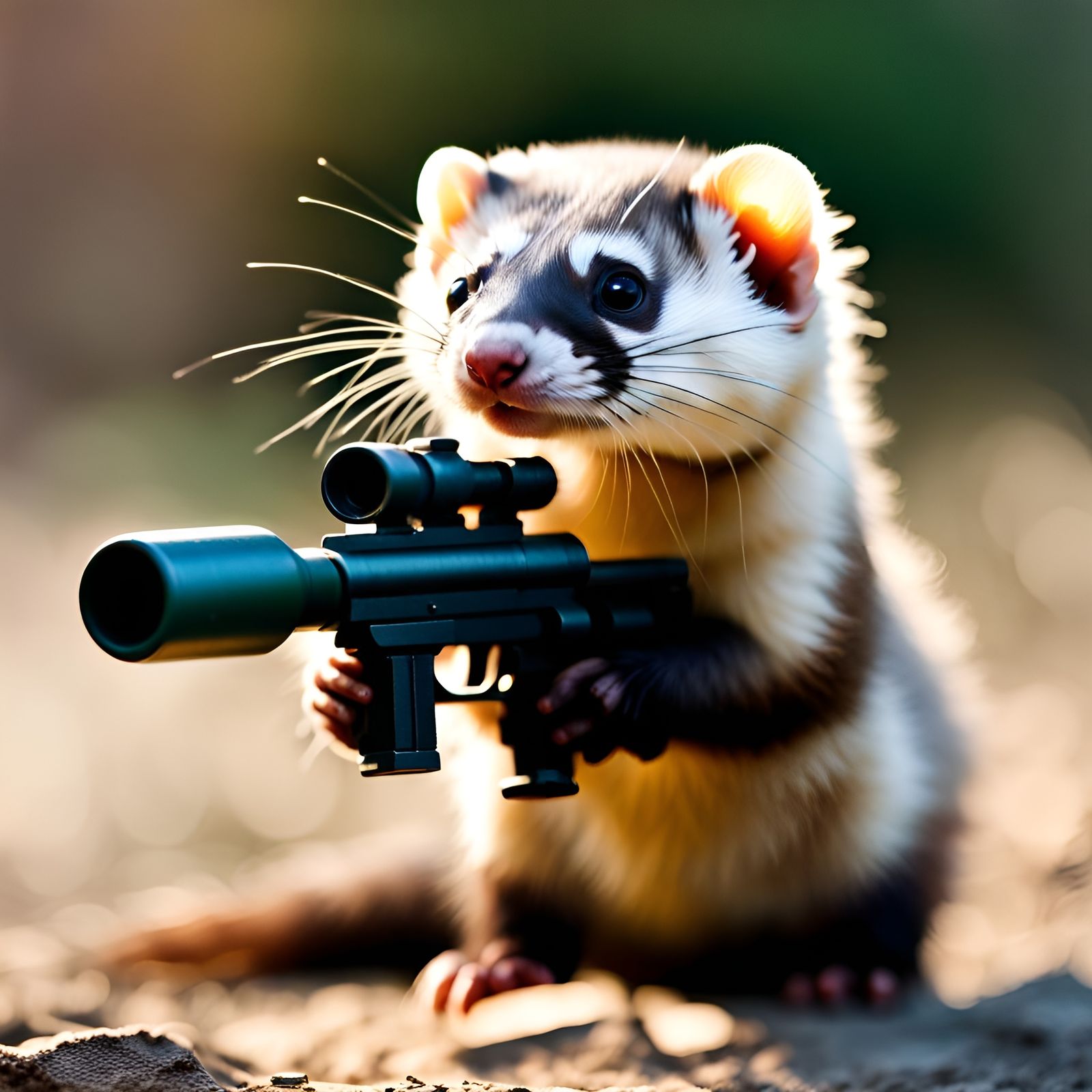 A full body shot of an extremely cure, adorable Ferret holdi...