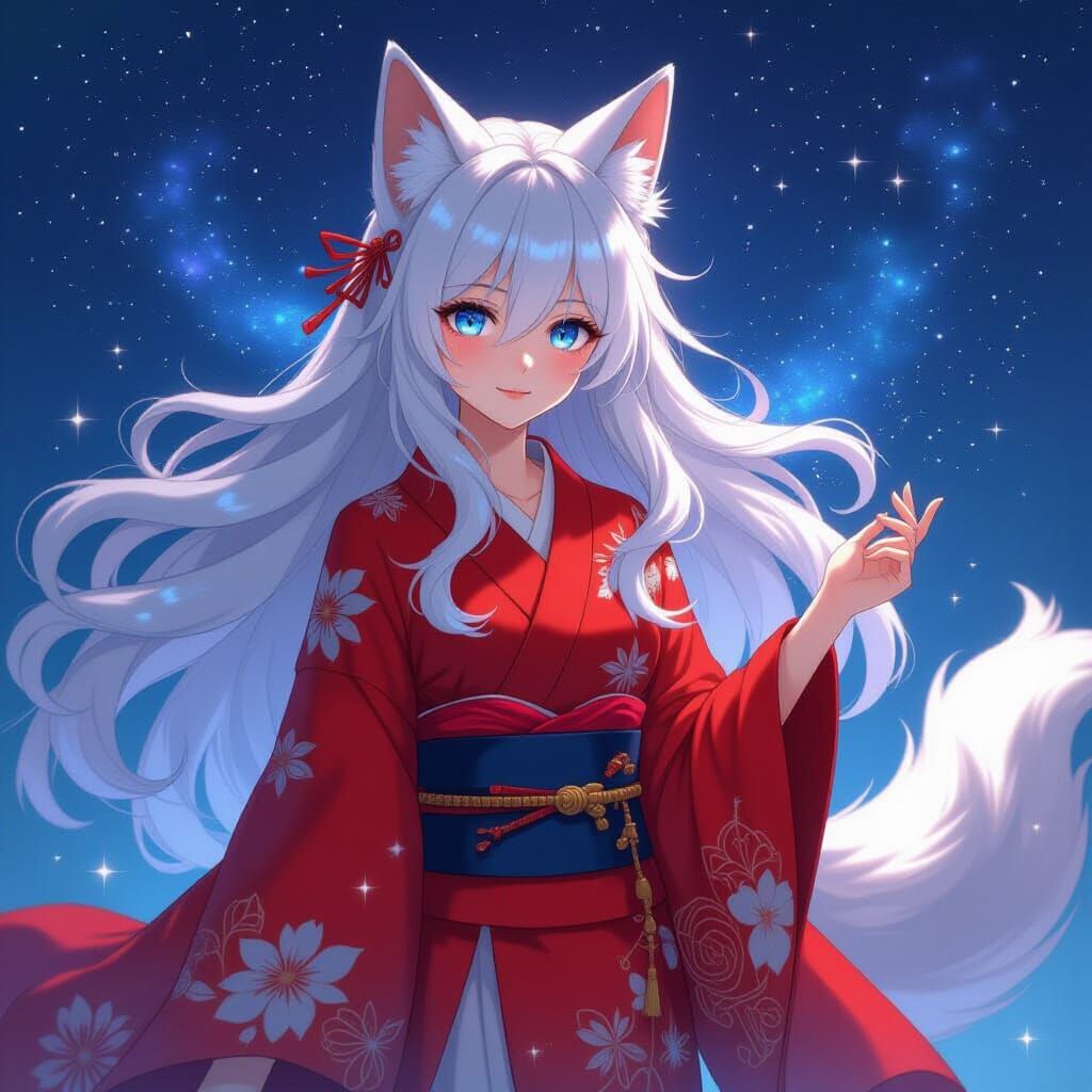 Celestial Fox Maiden in a Swirling Galaxy