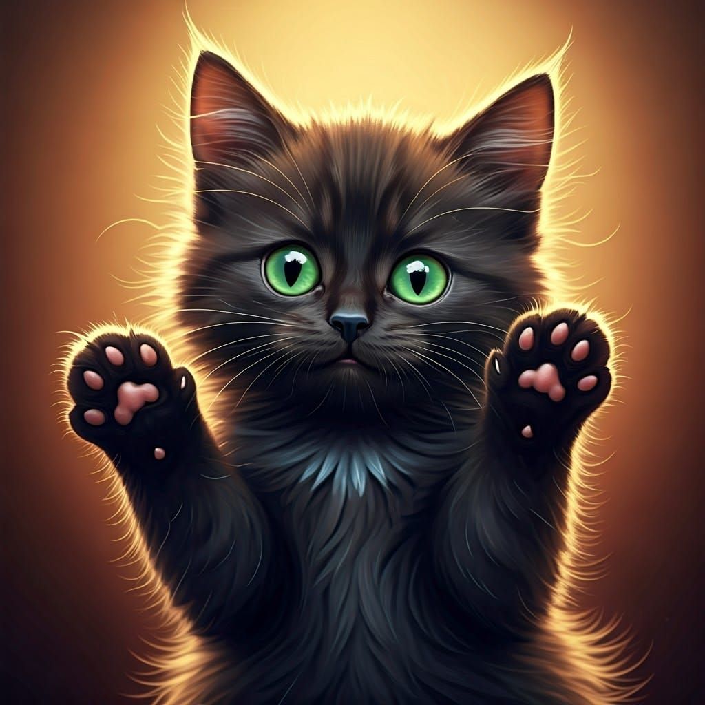 Playful Black Kitten Reaching Out with Tiny Paws