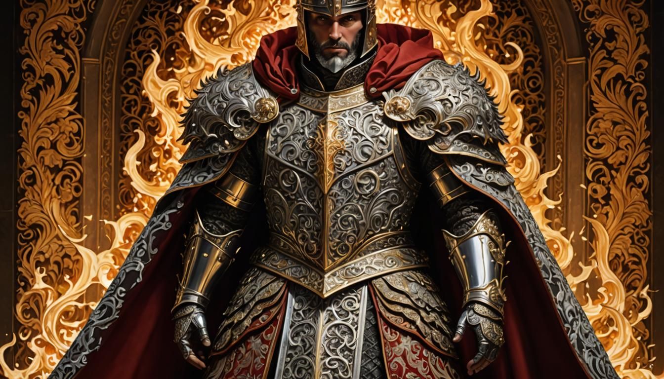 Regal Knight in Ornate Armor with Fiery Cape