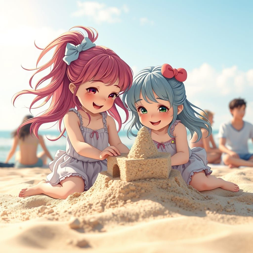 Anime Girls Build Sandcastle on Sunny Beach