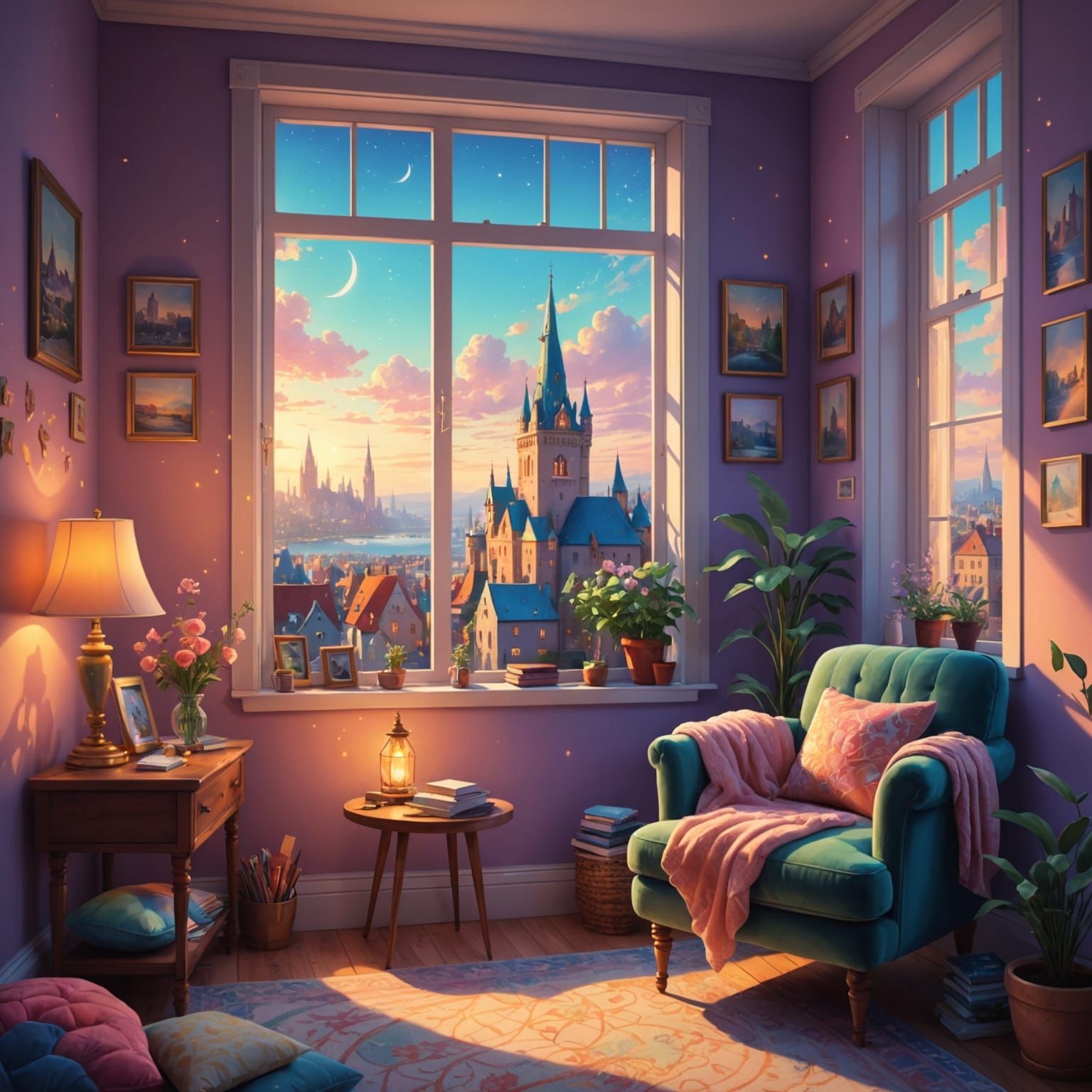 Cozy Bedroom Overlooking Fantastical Cityscape