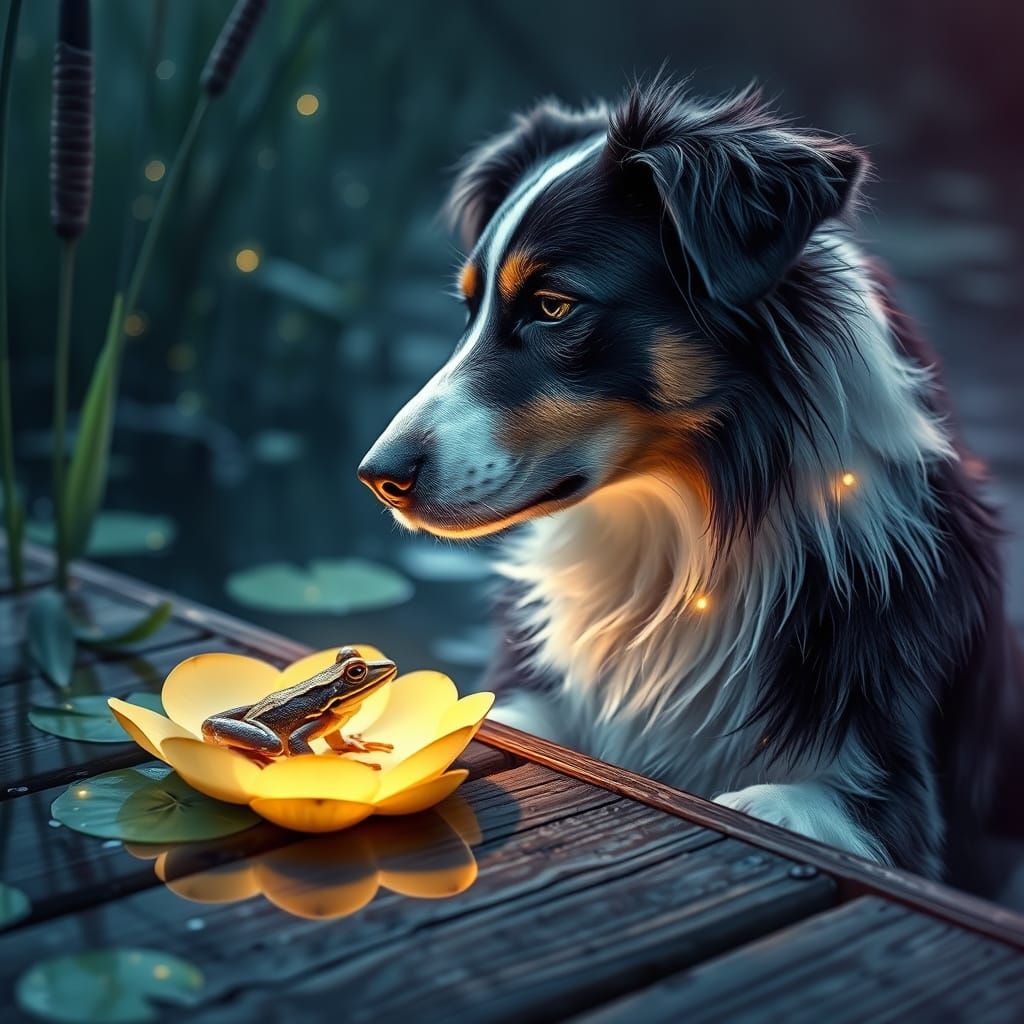 Australian Shepherd's Gentle Moment with a Serene Frog