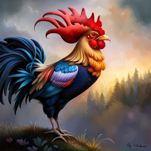 Rooster in Fairytale Garden: Detailed Fantasy Art
