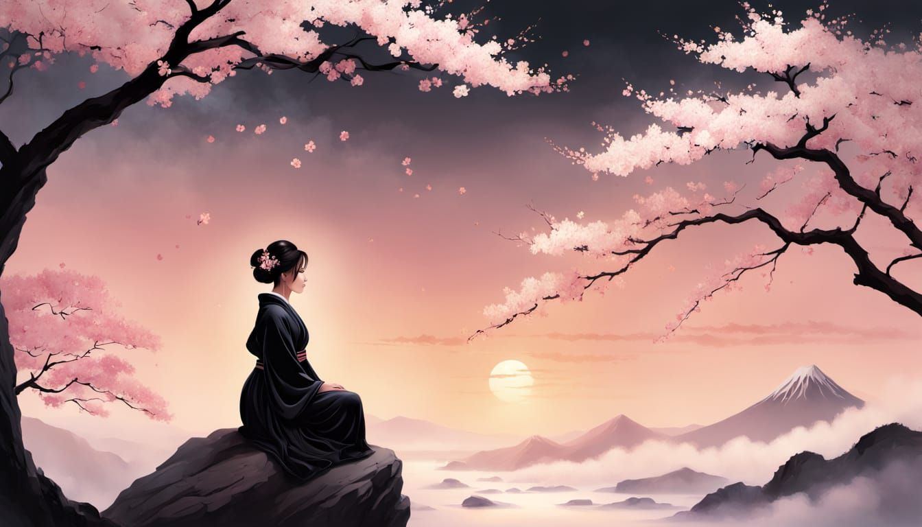 Ethereal Silhouette: Woman in Sumi-e Style with Cherry Bloss...