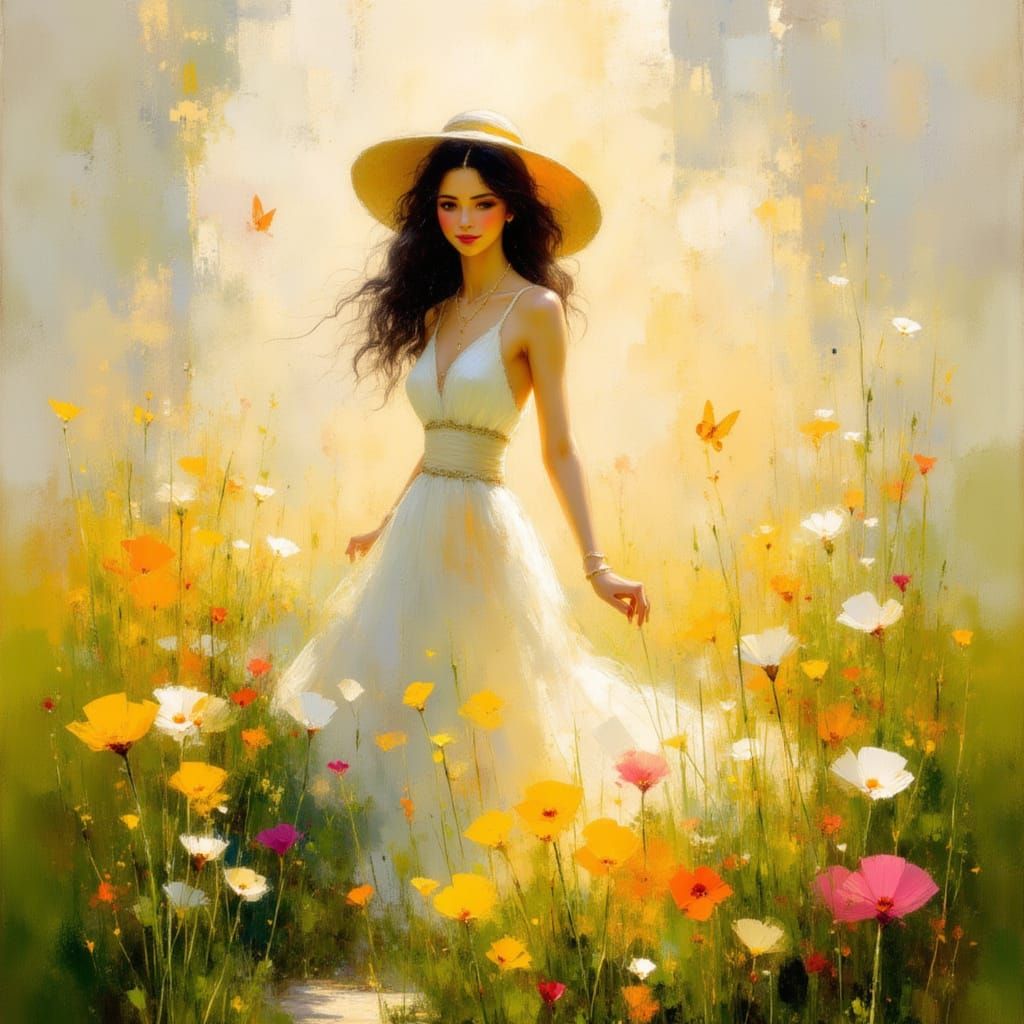 Woman in Dreamy Meadow with Spring Blossoms