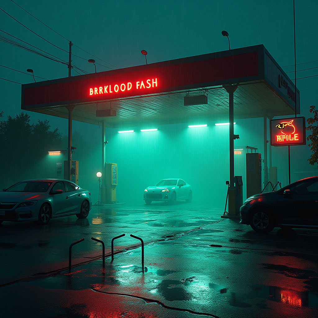 Eerie Car Wash with Neon Fish in Geometric Fauvism