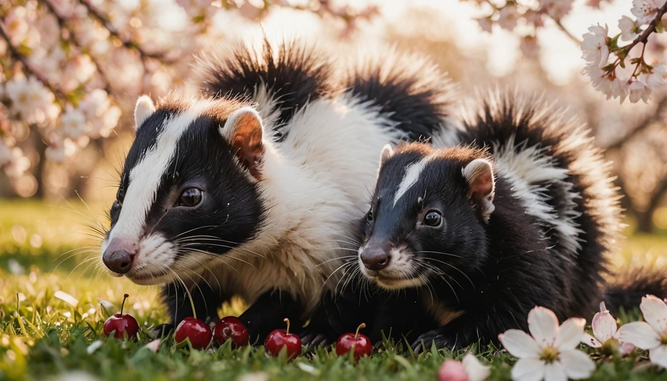Skunks rolling in a thin carpet of cherry blossom petals, ea...