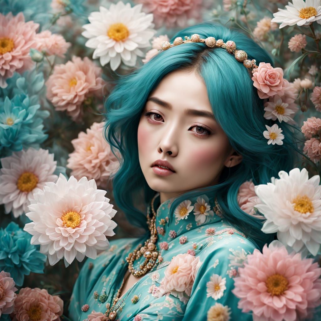 Hyperreal Femme Idol in Pastel Florals, Soft Focus