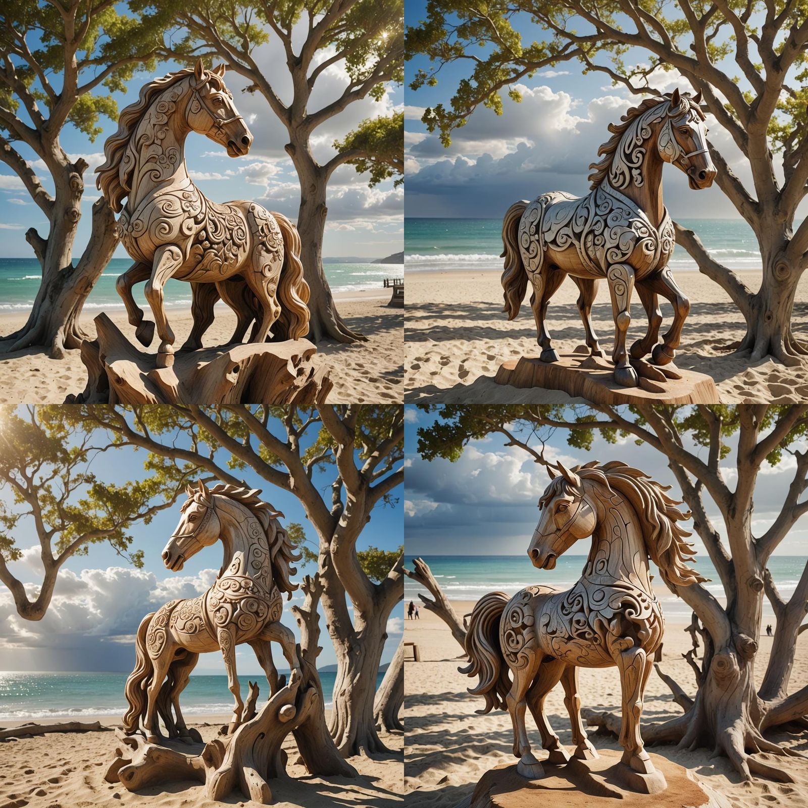 Whimsical Horse Tree Sculpture on a Sunny Beach