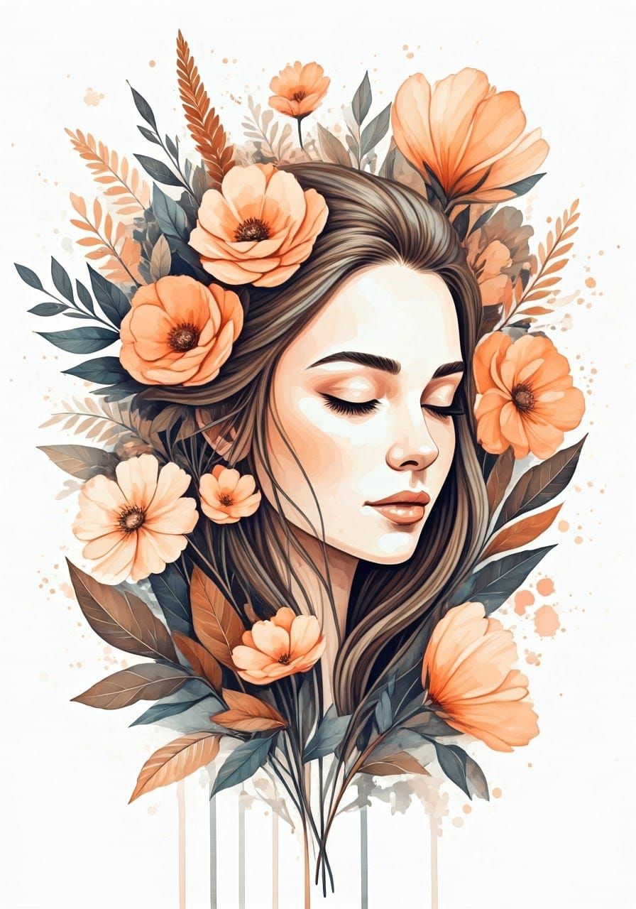 Serene Woman in Whimsical Watercolor Wildflowers