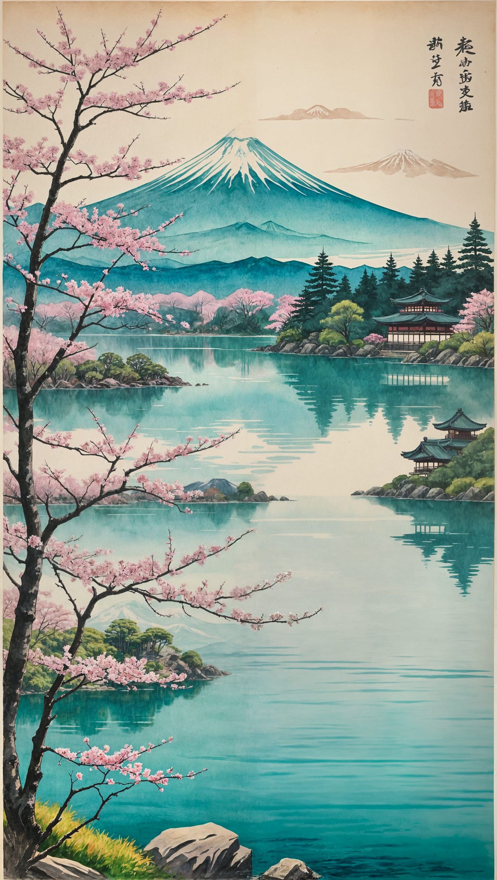 Springtime Lake with Mount Fuji, Watercolor Style