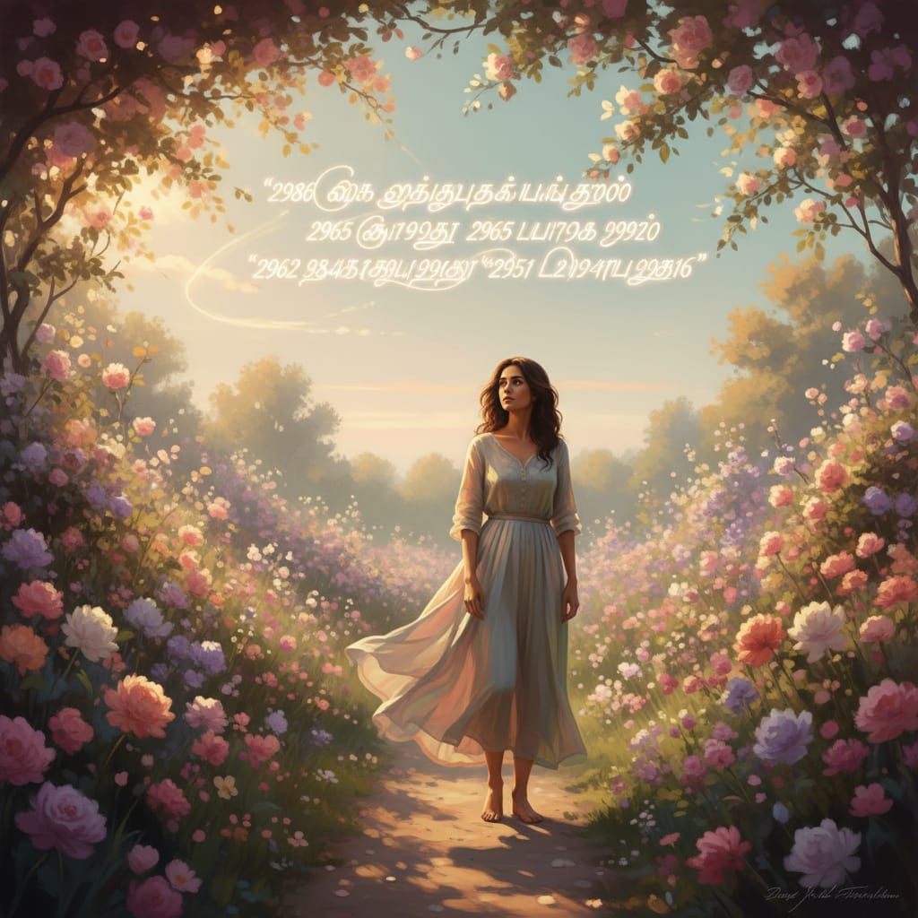 Woman Seeks Joy in Golden Garden, Tamil Script Sky
