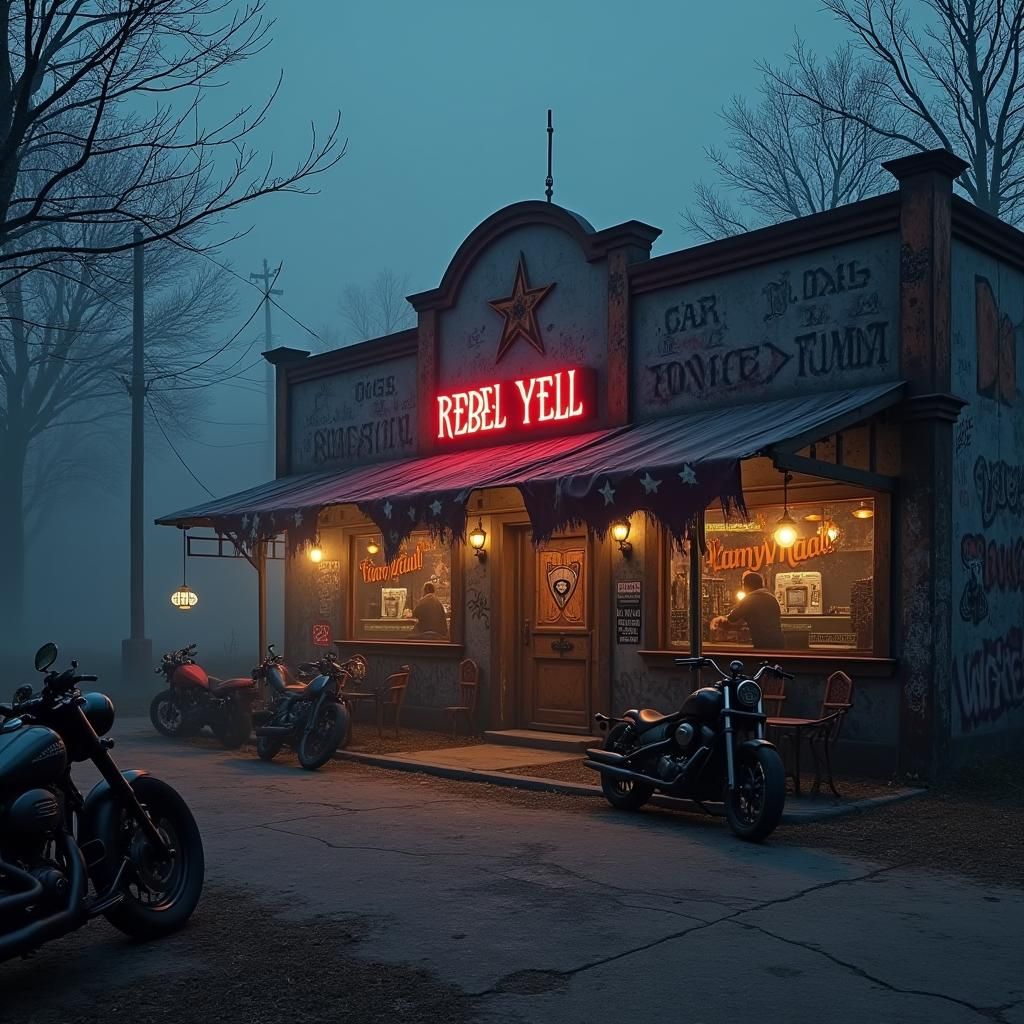 Mystical Southern Biker Bar in Foggy Night