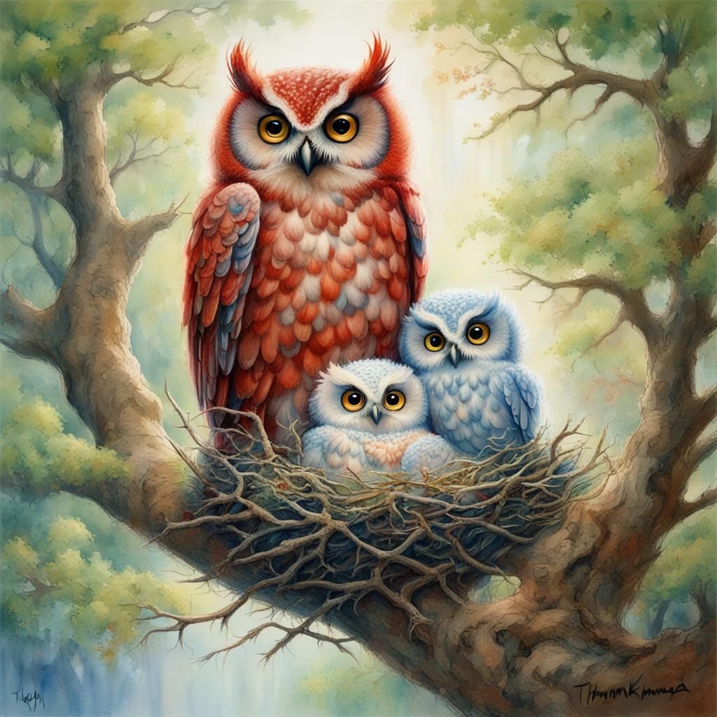 Owl Family in Tree, Watercolor Fantasy Art
