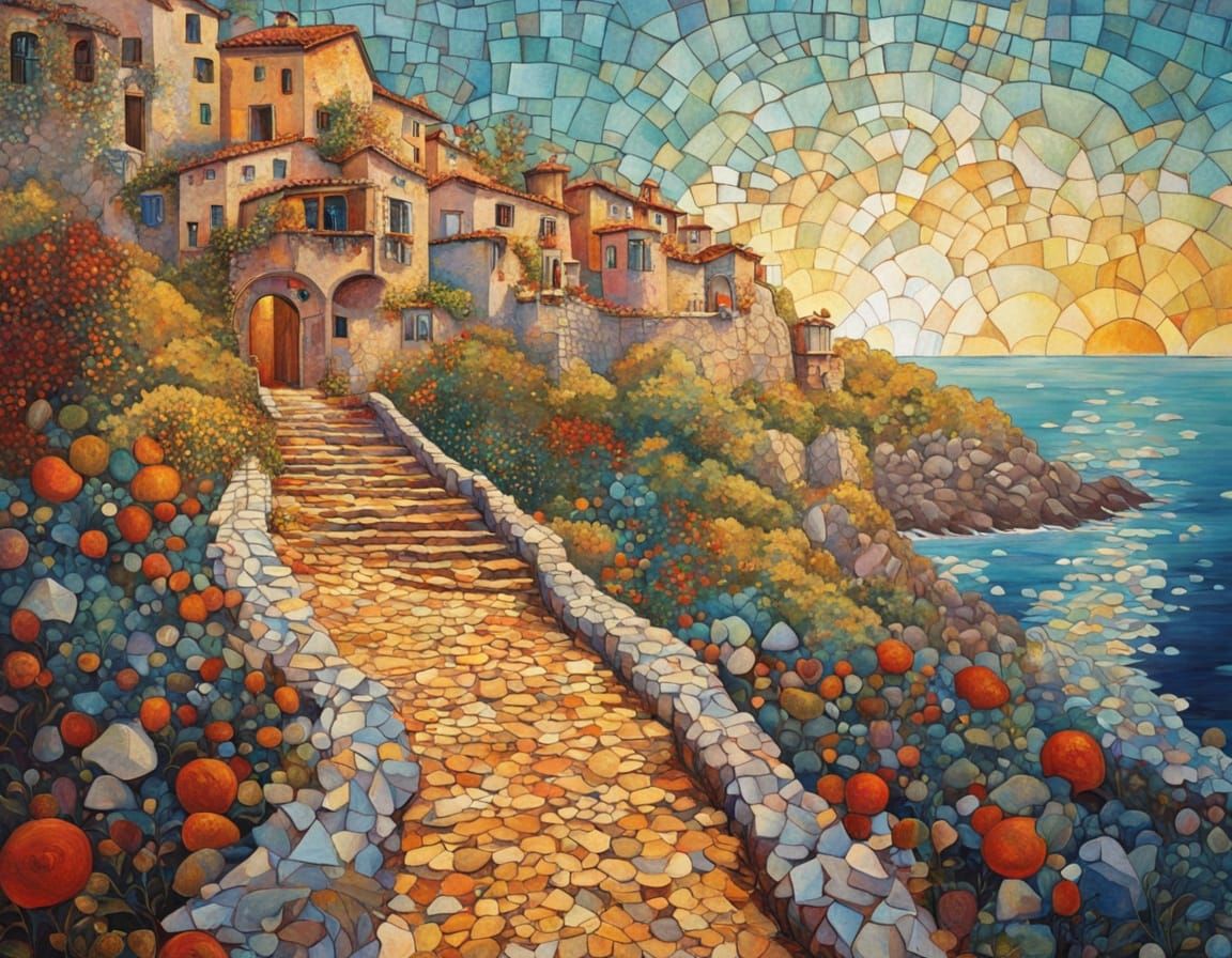 Art Nouveau Italian Village Path at Golden Hour