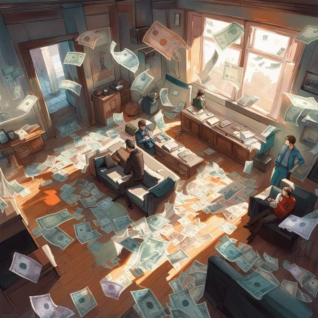 Banknotes Falling in Living Room: Hyperrealistic Art