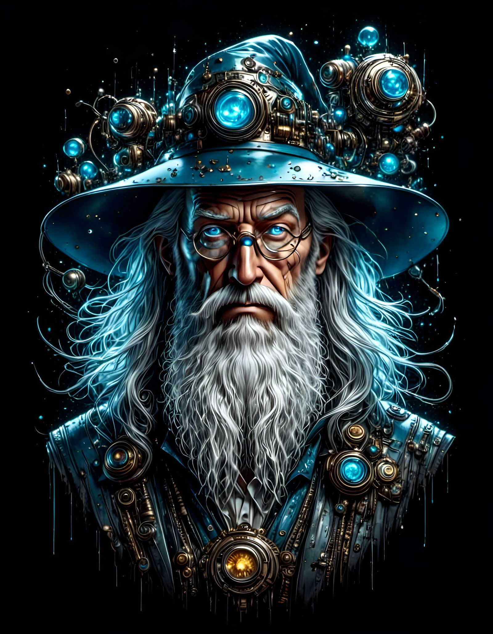 Cyberpunk Gandalf Portrait with Futuristic Devices