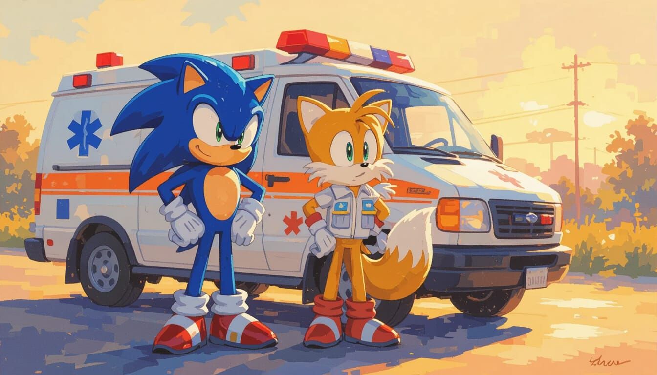 Sonic and Tails as Paramedics in Golden Hour Oil Painting