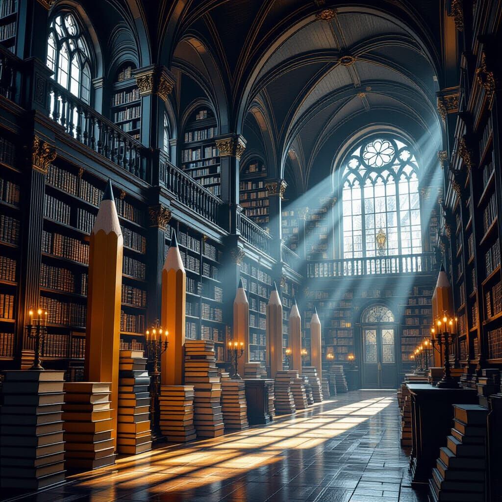Ancient Library with Pencil Bookshelves and Sketch Covers