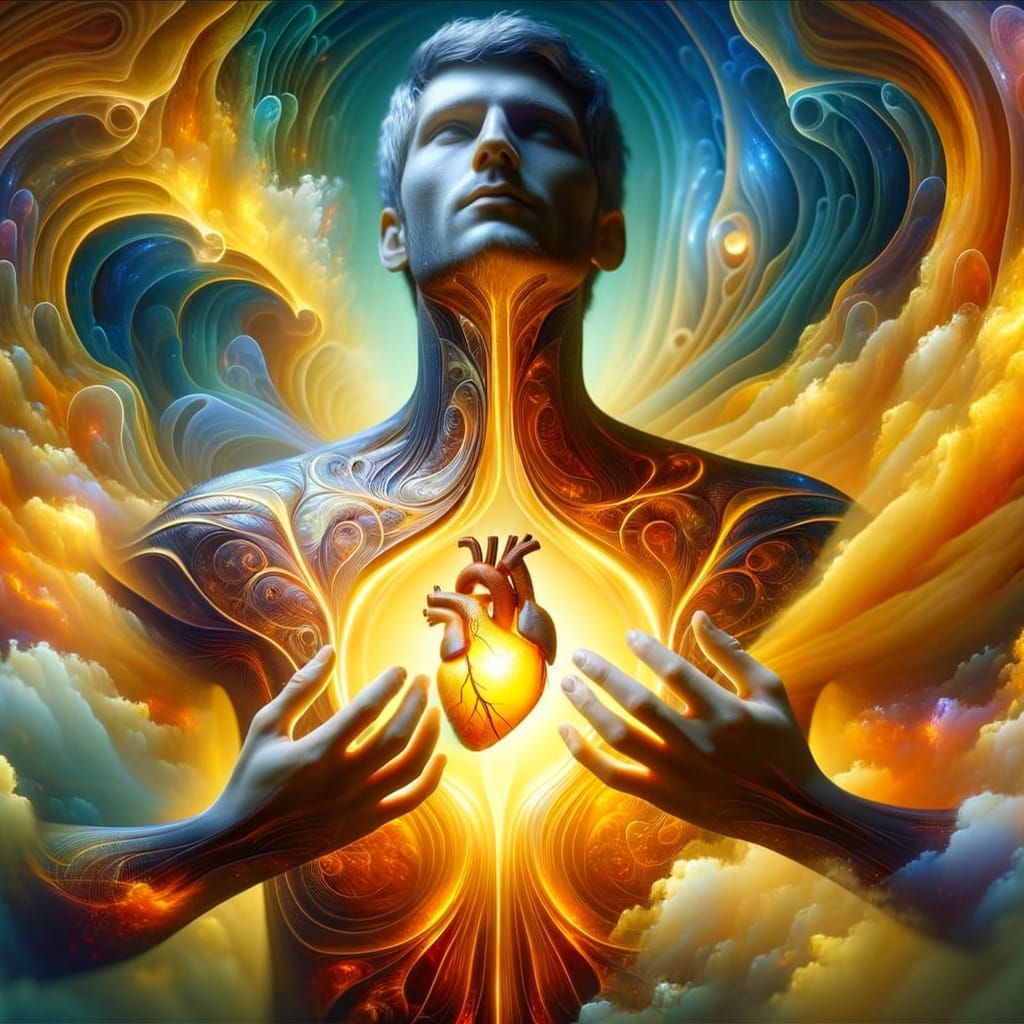 Surreal Man Reveals Golden Heart in Dreamlike Scene