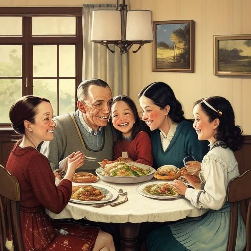Heartwarming Family Dinner Illustration in Rockwell Style