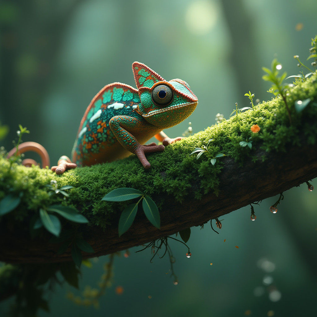 Chameleons Drinking Dewdrops on Mossy Branch