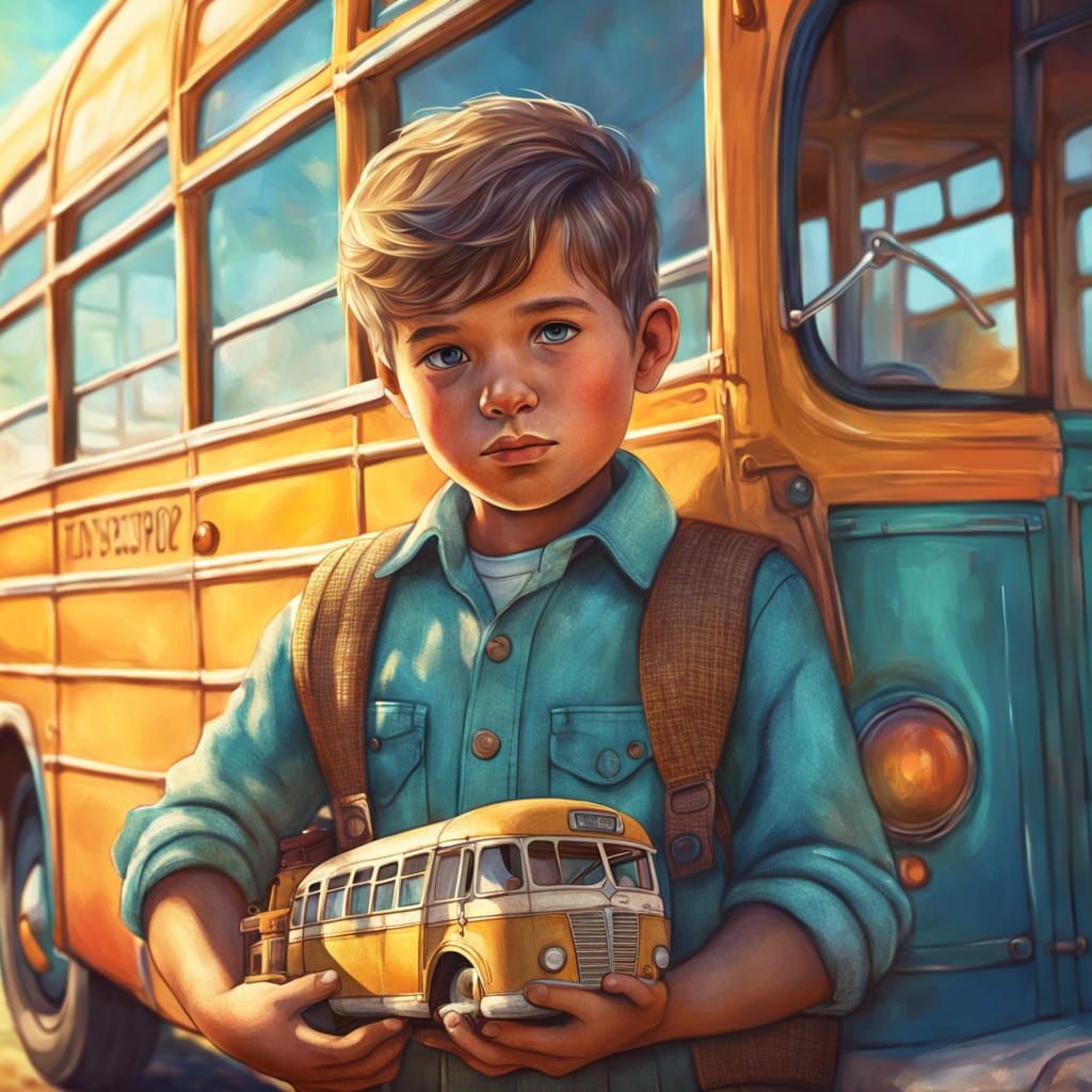 Boy with Toy Bus in Pastel Colors: Digital Art
