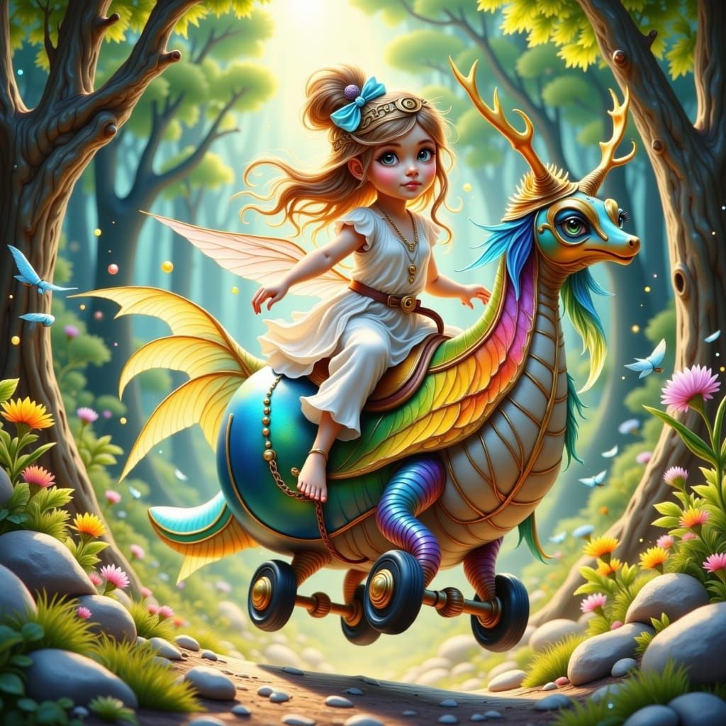 Whimsical Watercolor Illustration of a Young Girl Riding a M...
