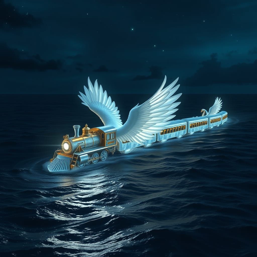Iridescent Winged Train Glides Over Dark Sea