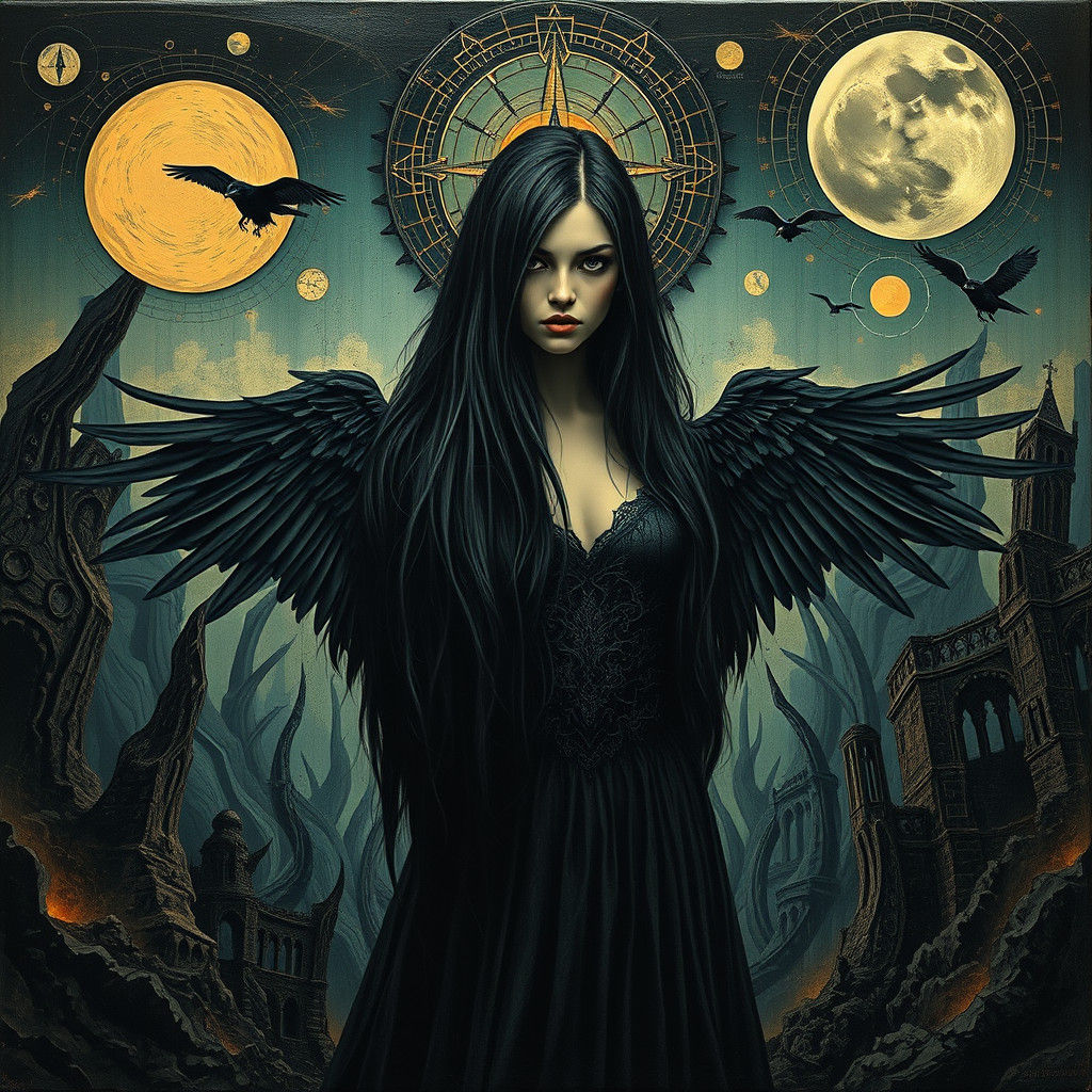 Eerie Raven Woman in Surreal Horror Landscape